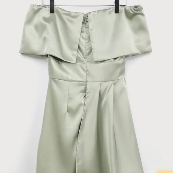 Lulu’s Always Celebrating Sage Green Satin Off-the-Shoulder Mini Dress - Picture 10 of 11